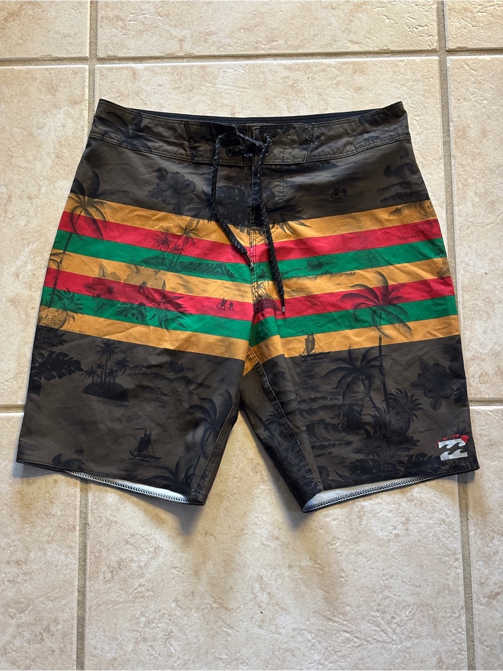 Billabong Men’s Black Boardshorts with Red, Green & Gold Stripes